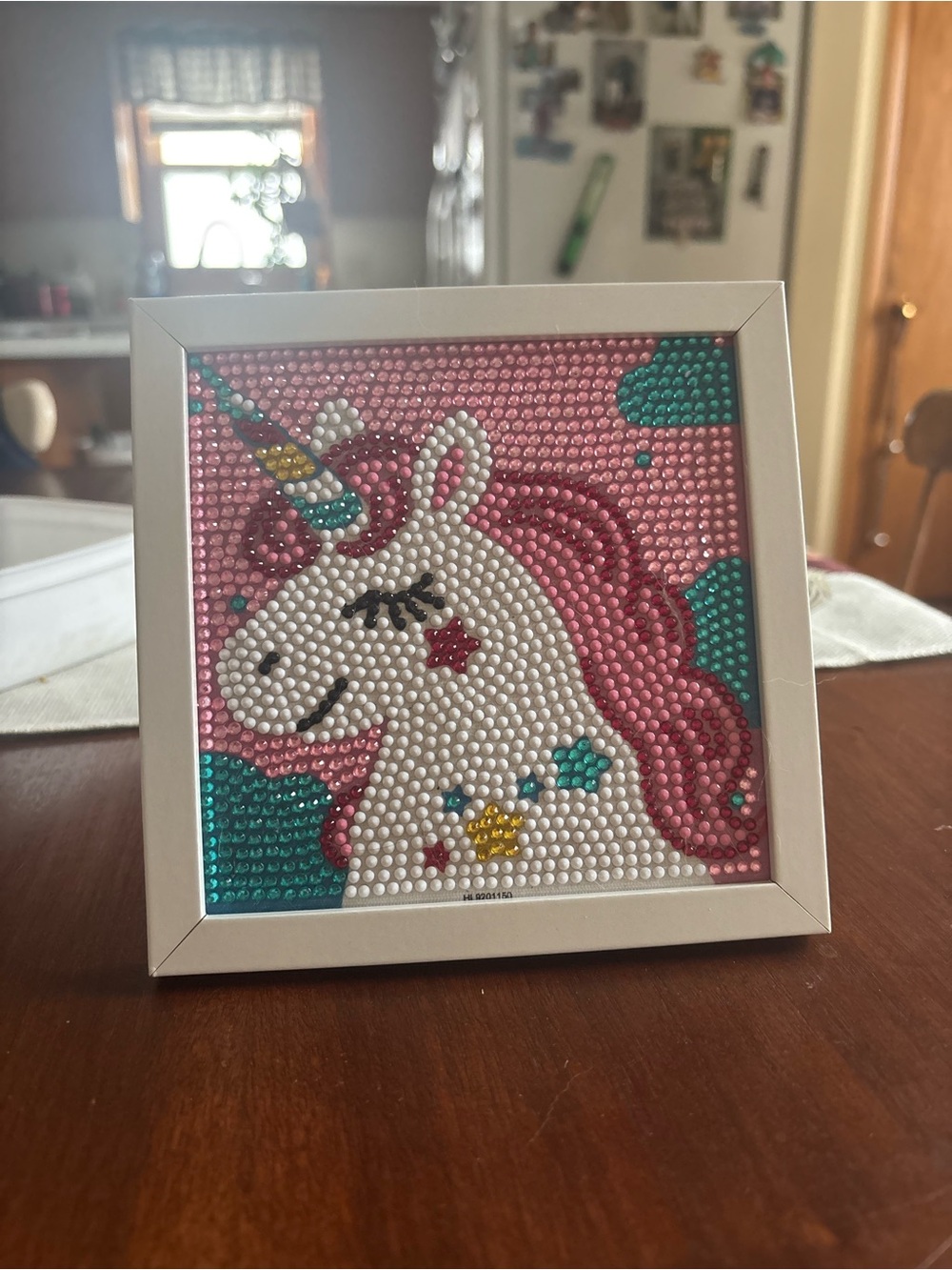 Pink and Teal Unicorn Diamond Art in White Frame